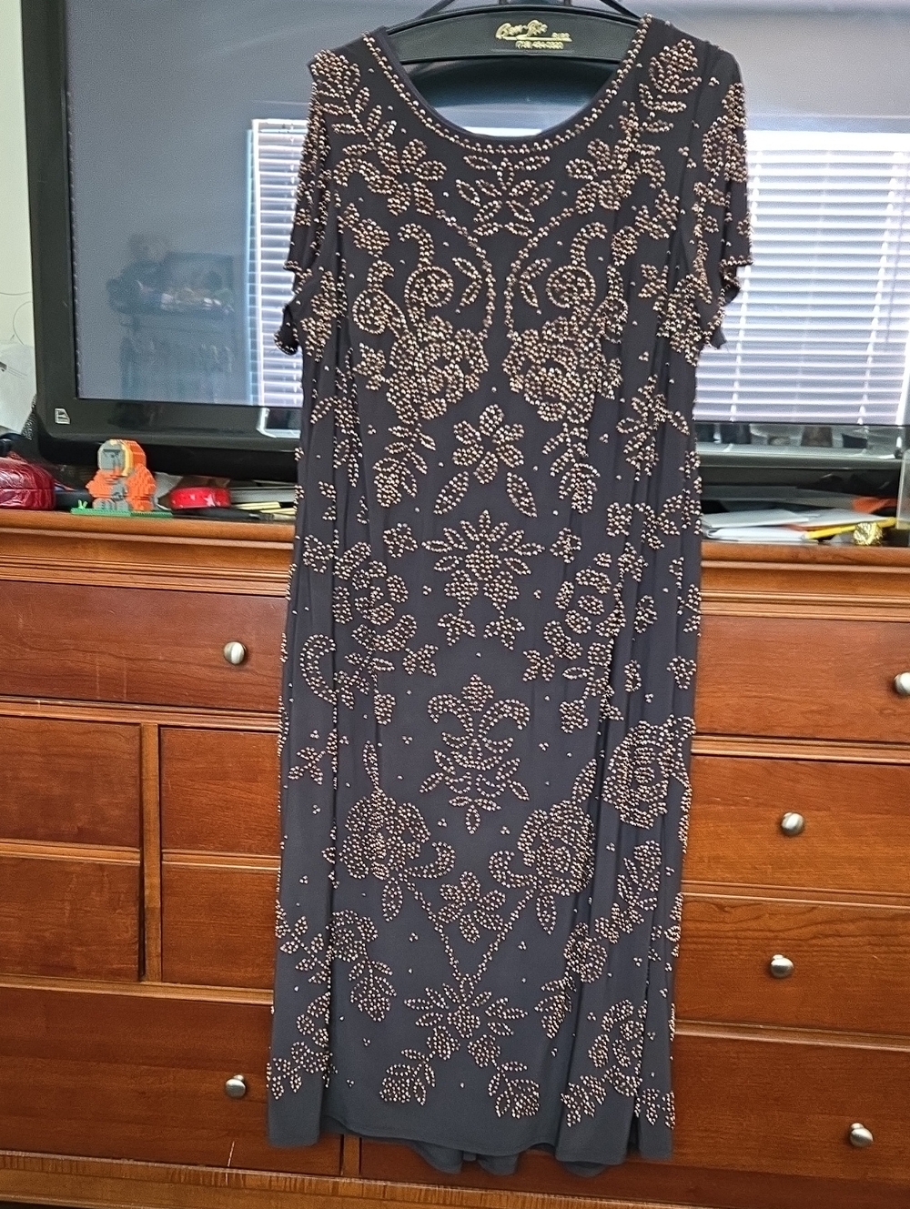 Betsy & Adam Brown Maxi Dress with Rose-Gold Beading